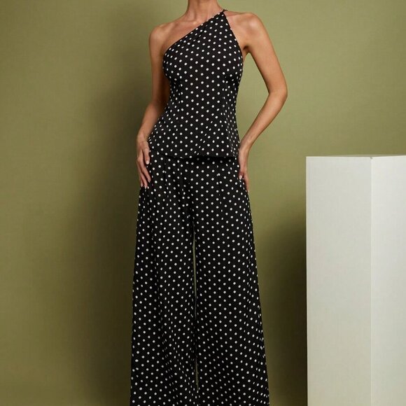 Women's Polka Dot Shoulder Top & Pants Set, Minimalist Wear Classic - Picture 6 of 7